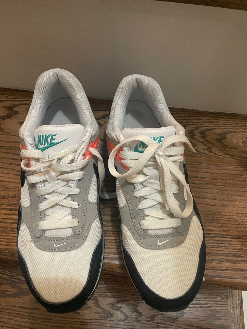 Nike White, Gray & Black Sneakers with Teal Logo and Coral Accent